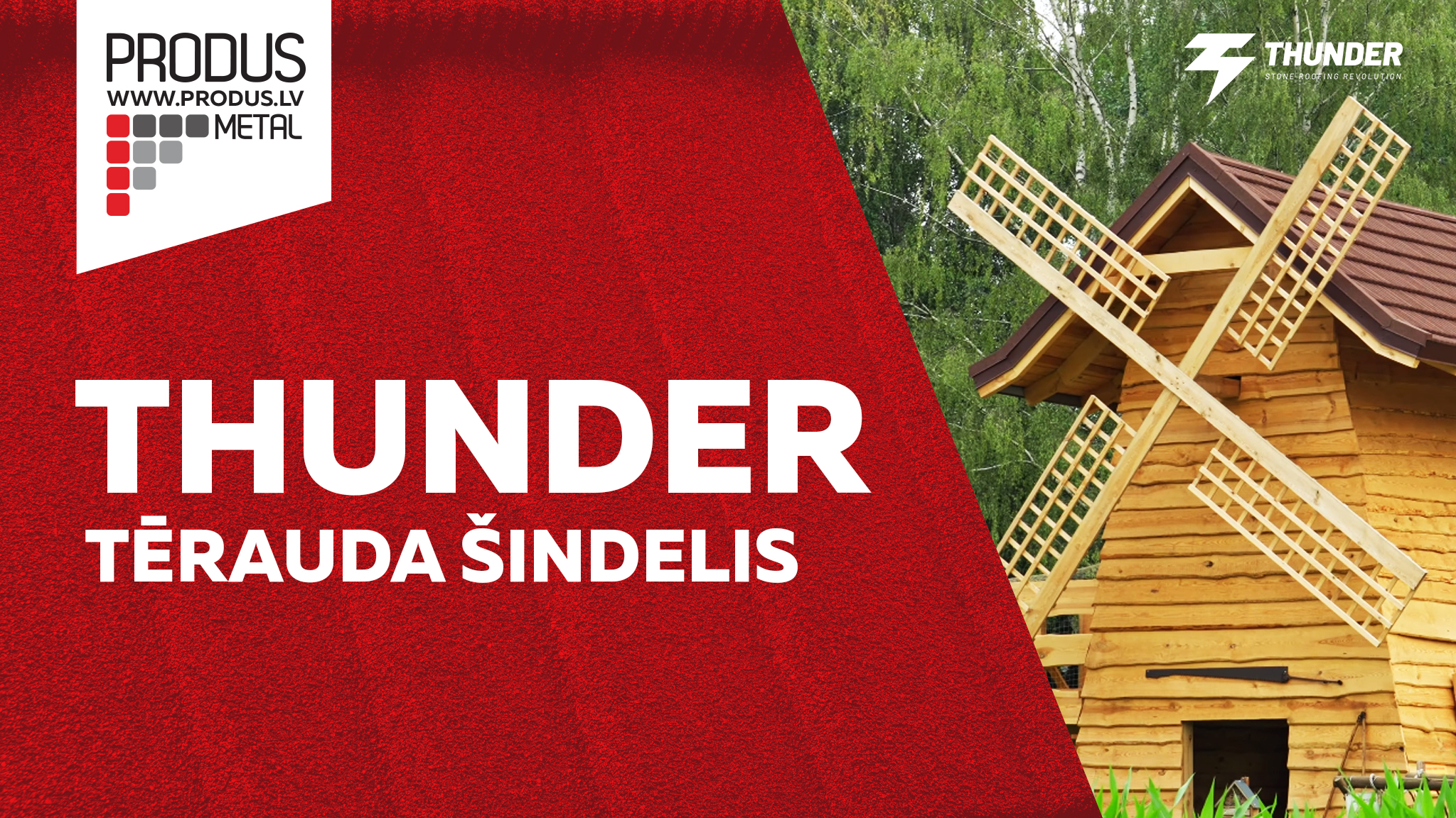 Produs Thunder, Metāla jumti, Tērauda jumti, Metāla jumtu segumi, Skārda jumti, šindelis ar akmens smalci,